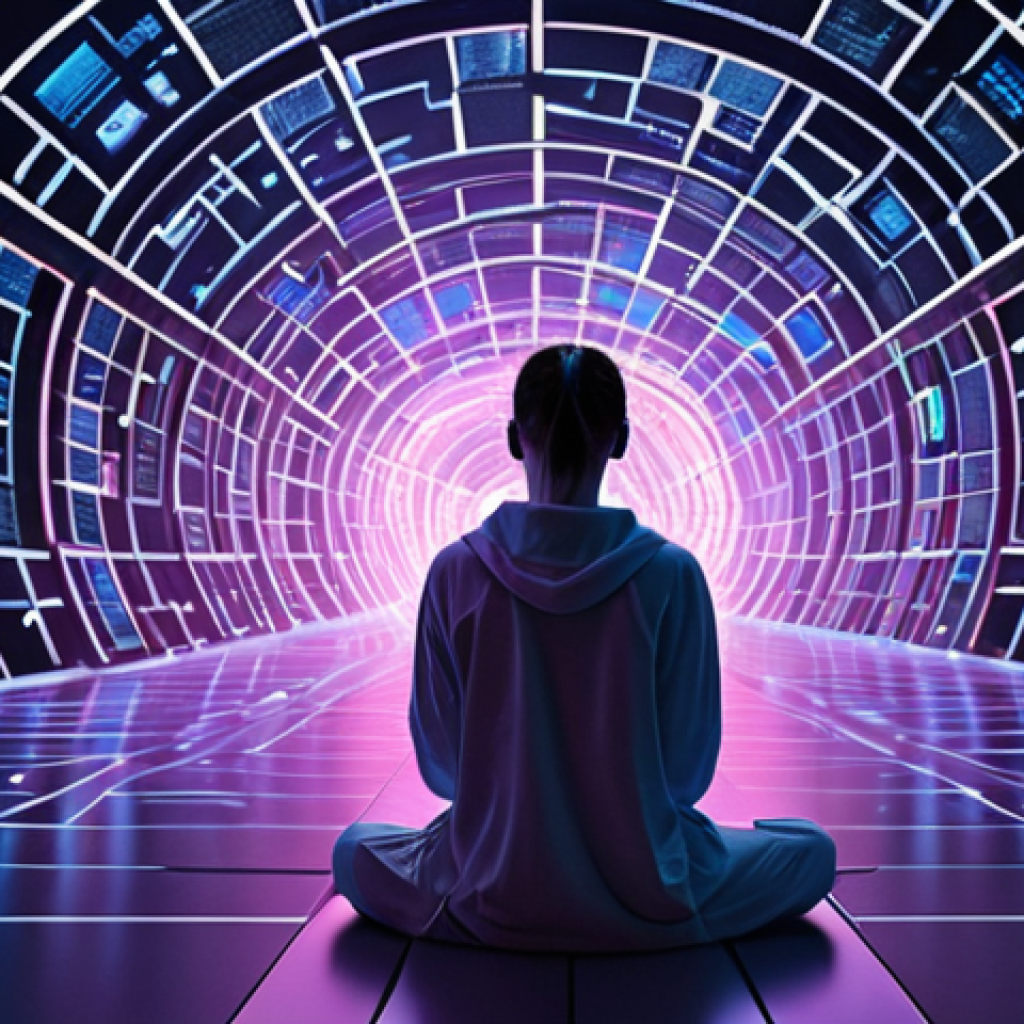 **Prompt:** A person, gender-neutral, sits amidst an overwhelming, vibrant swirl of holographic screens and glowing digital notifications, creating a cocoon of information. Their face, partially illuminated by the screens, subtly conveys a sense of quiet exhaustion or existential emptiness despite the dazzling activity around them. Abstract lines and ephemeral shapes flow through the scene, representing the constant data stream and invisible algorithmic filters. The image evokes a paradox of hyper-connection leading to isolation and mental overload, with a dreamlike yet anxious atmosphere. High detail, volumetric light, cyberpunk aesthetic, digital art, concept art.