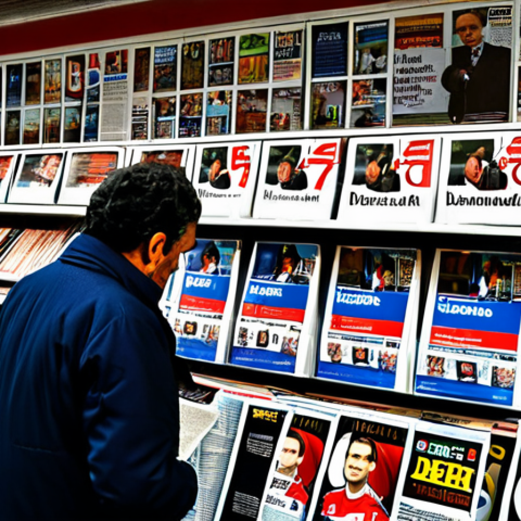 Agenda Setting - Newsstand**

A bustling newsstand in Madrid, Spain, overflowing with newspapers and magazines. Headlines scream about a recent political corruption scandal ("Escándalo de Corrupción Sacude al Gobierno!"). People are gathered around, reading and discussing the news. The scene reflects a sense of urgency and public debate. Focus on the crowded newsstand and the impactful headlines. Include elements typical of Spanish newsstands like "Marca" sports papers and colorful magazines. Safe for work, appropriate content, fully clothed, professional, realistic photography, perfect anatomy, natural proportions.

**