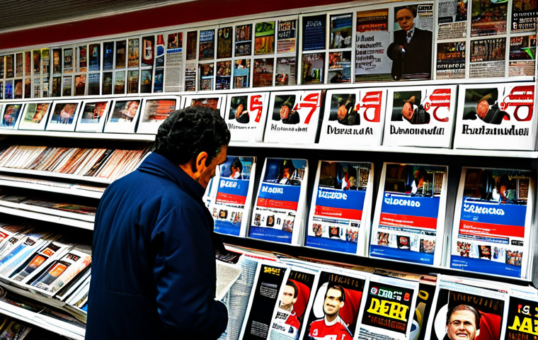 Agenda Setting - Newsstand**
A bustling newsstand in Madrid, Spain, overflowing with newspapers and magazines. Headlines scream about a recent political corruption scandal ("Escándalo de Corrupción Sacude al Gobierno!"). People are gathered around, reading and discussing the news. The scene reflects a sense of urgency and public debate. Focus on the crowded newsstand and the impactful headlines. Include elements typical of Spanish newsstands like "Marca" sports papers and colorful magazines. Safe for work, appropriate content, fully clothed, professional, realistic photography, perfect anatomy, natural proportions.
**