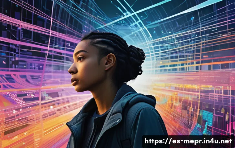 미디어 리터러시 - **Prompt:** A young adult (20s, gender-neutral, diverse ethnicity) stands in a vast, stylized digita...