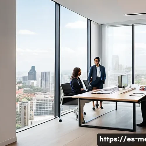 Home 12 기업 이미지 관리 - A modern corporate office environment showcasing a diverse team of professionals engaged in a collab...