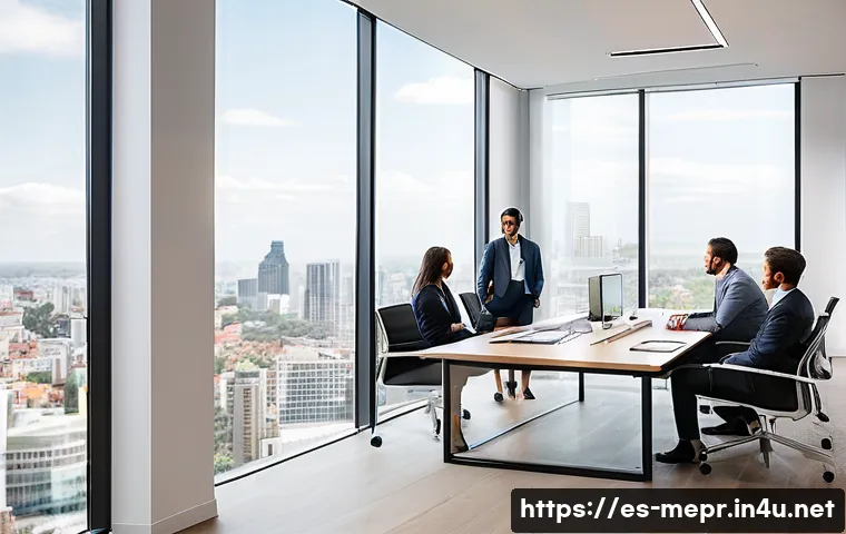 기업 이미지 관리 - A modern corporate office environment showcasing a diverse team of professionals engaged in a collab...