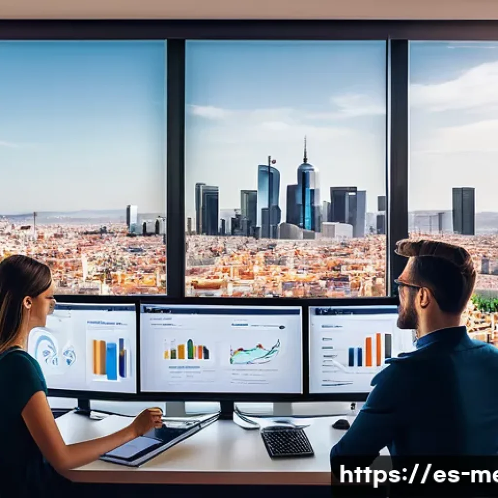 커뮤니케이션 효과 측정 - A modern digital marketing office scene in Madrid, Spain, showing a diverse team of young profession...