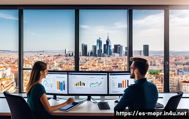 커뮤니케이션 효과 측정 - A modern digital marketing office scene in Madrid, Spain, showing a diverse team of young profession...