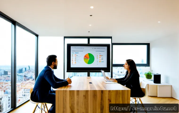 PR 메시지 전략 - Photorealistic public relations strategy meeting in a bright modern Madrid office, diverse Spanish-s...